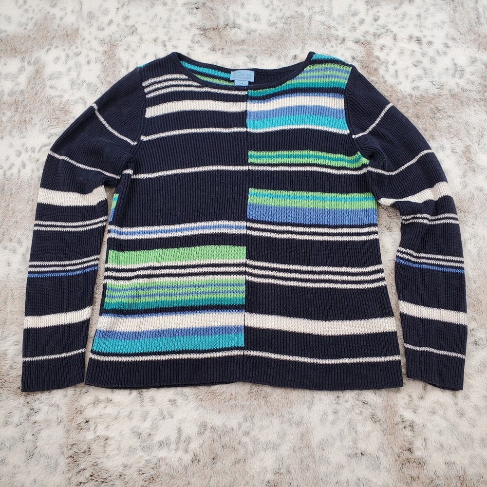 Sigrid Olsen SO Blue Sweater Women's M 100% Linen Pullover Striped Colorblock